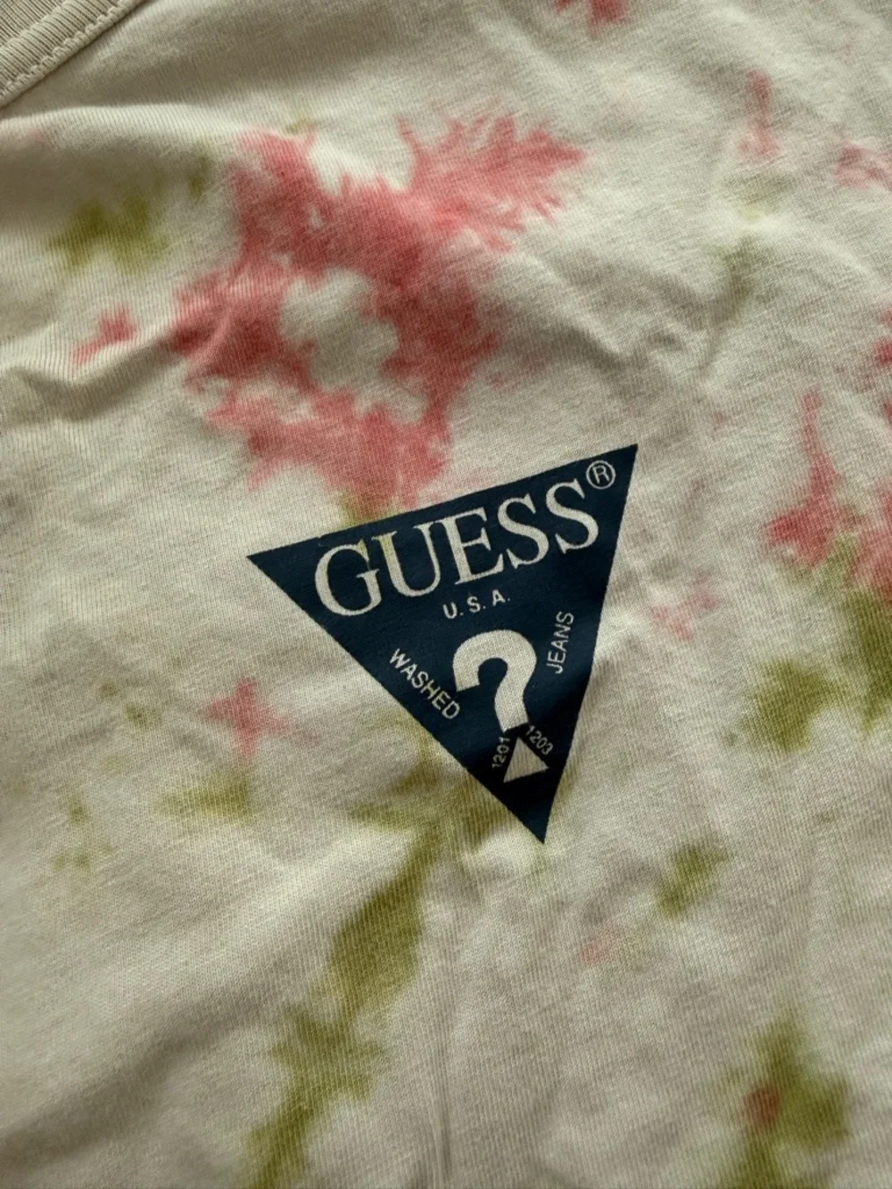 GUESS White Tee with Pink & Olive Green Tie-Dye Accents - Picture 3 of 4